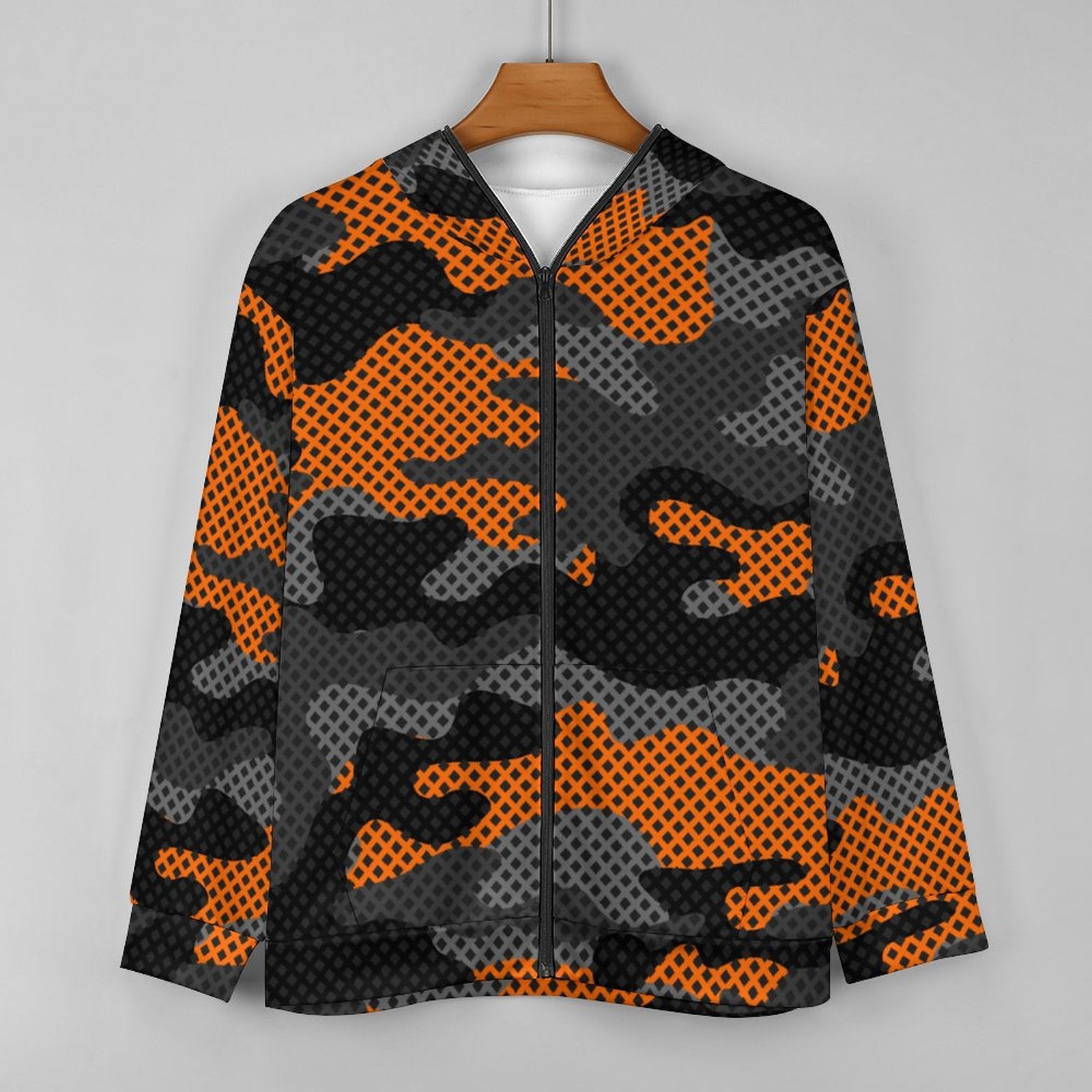 Zip up Camo Hoodie | Black & Orange Pixel Camouflage