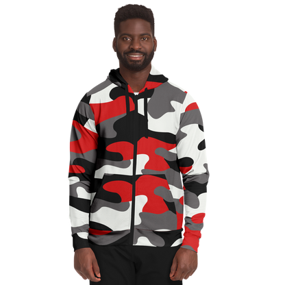 Zip-Up Hoodie | Red, Black, and White Camouflage