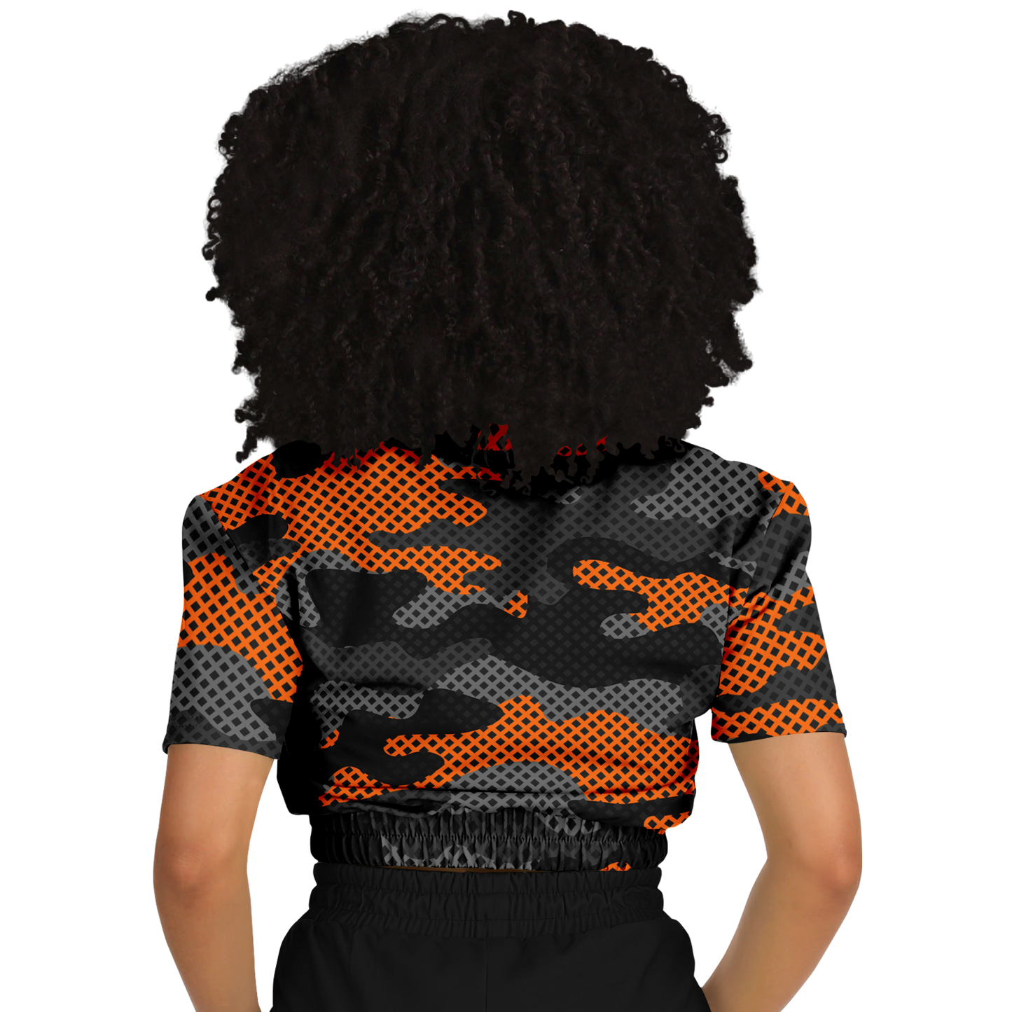 Camo Crop Top Sweatshirt | Black & Orange Pixel Pattern