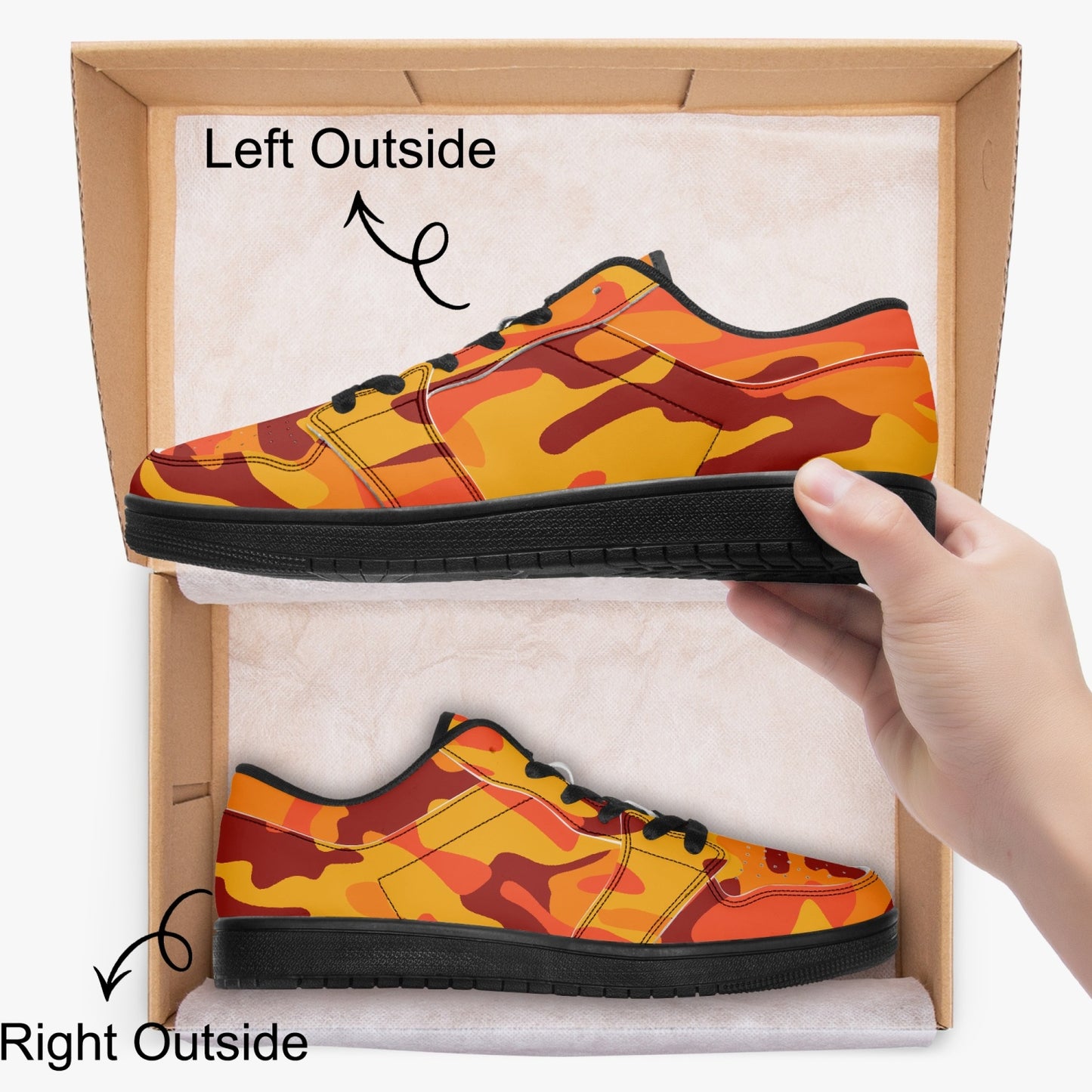 Camo Sneakers | Orange and Red Low-Top Leather Camouflage Shoes