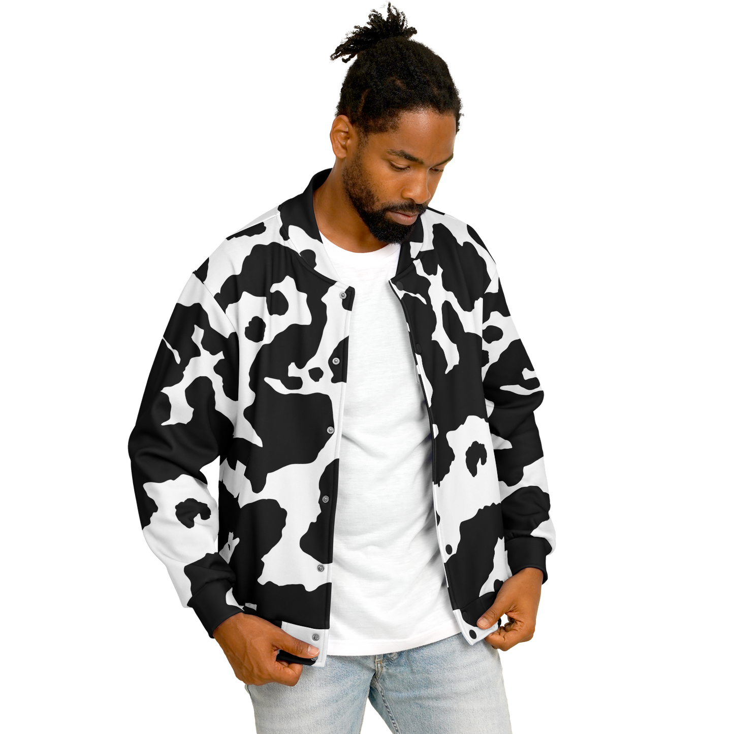 Baseball Jacket in Black & White Cow Print | Unisex