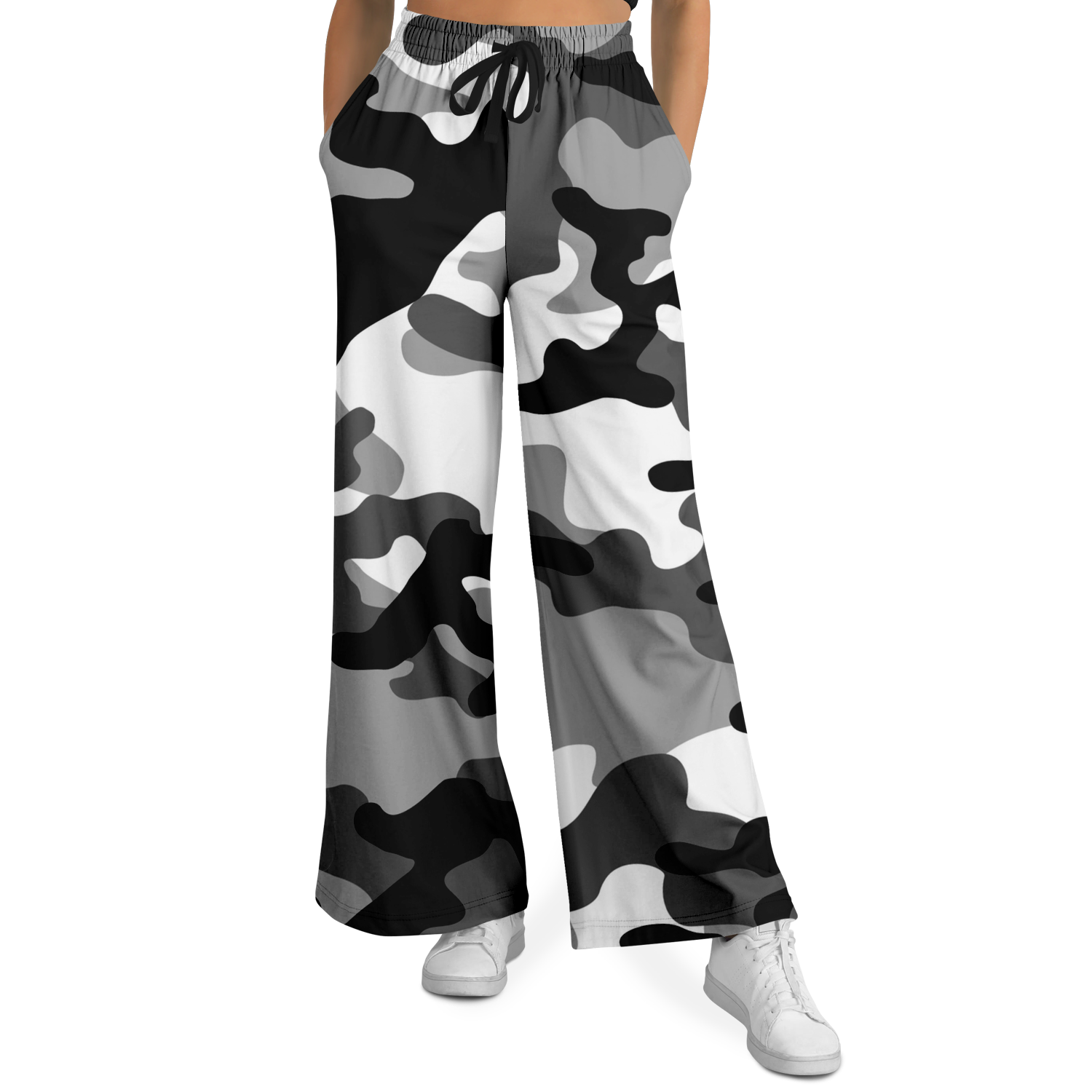 Camo Wide Leg Pants | Black, White & Gray Camouflage