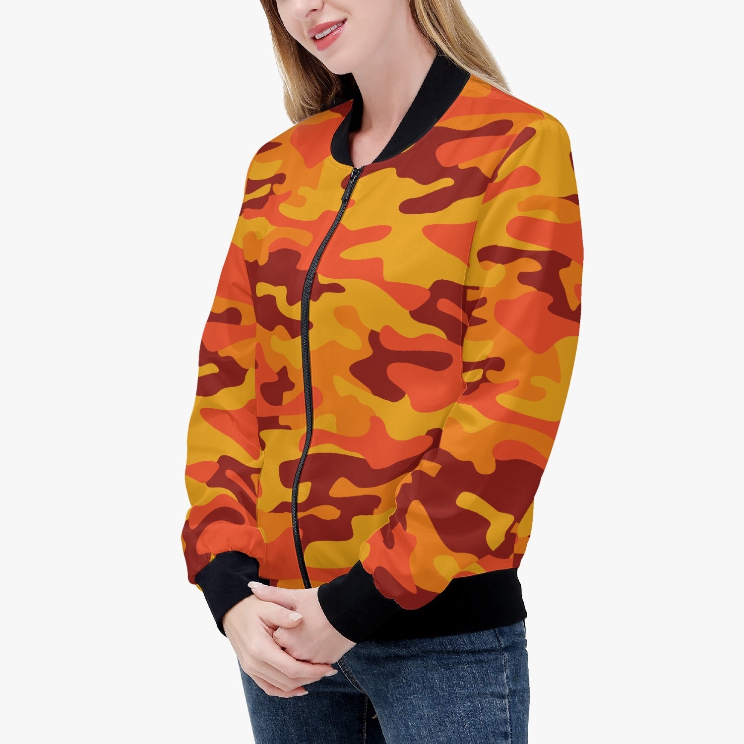 Women's Camo Bomber Jacket | Orange and Red Camouflage