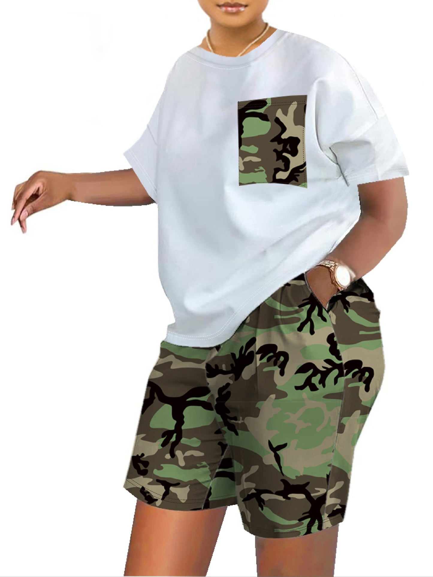 Camouflage Pants & Pocketed Top Set: Stylish Fashion Outfit