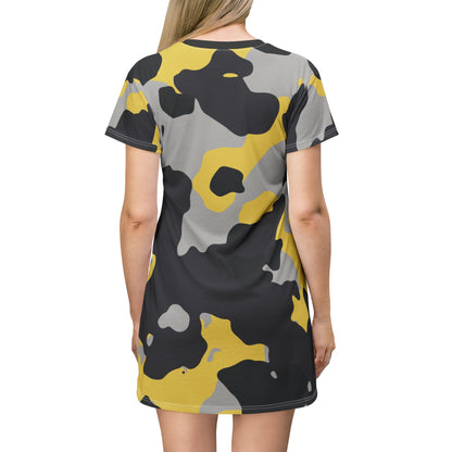 Camo T-Shirt Dress | Yellow, Black, and Silver Camouflage