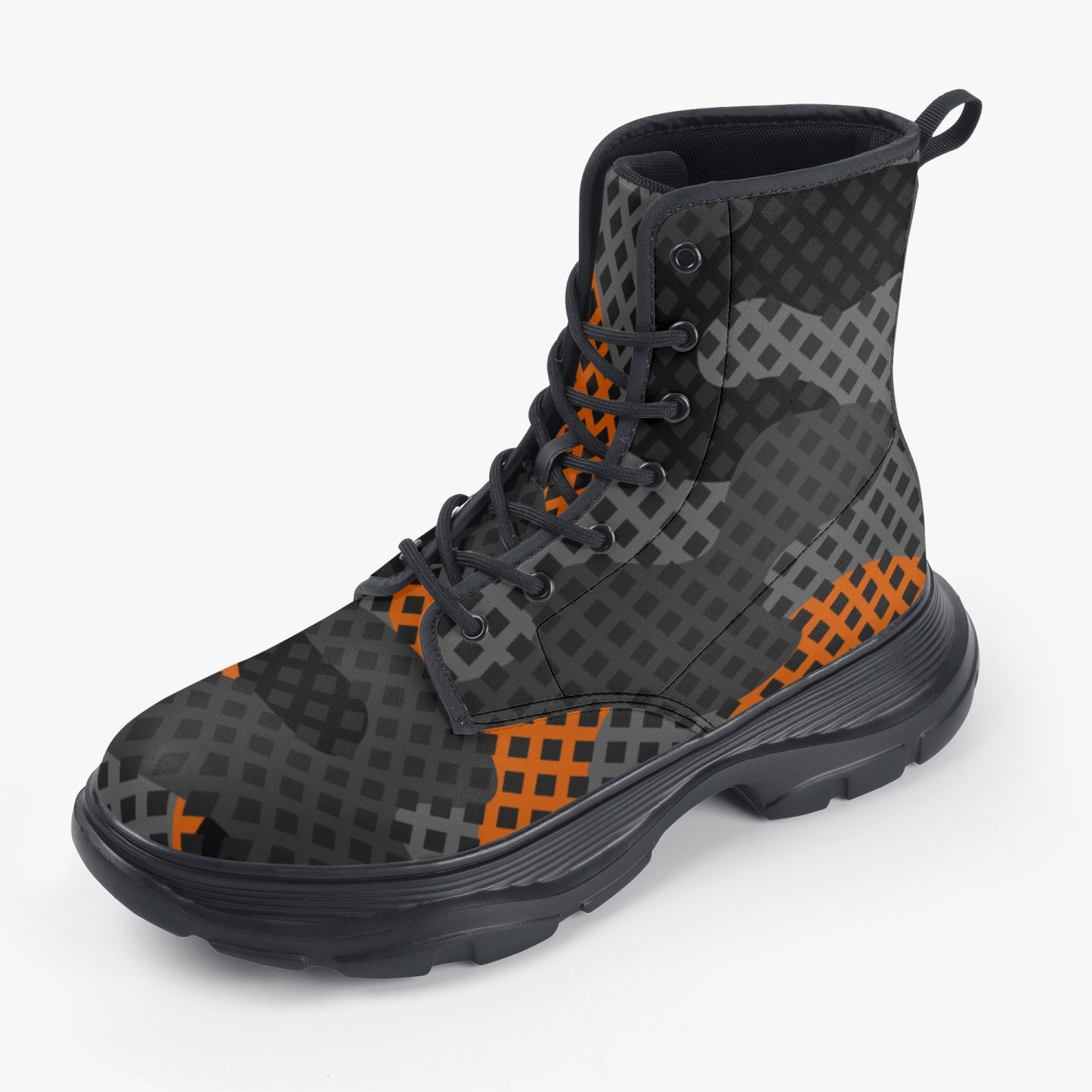 Chunky Boots | Leather in Black & Orange Pixel Camouflage