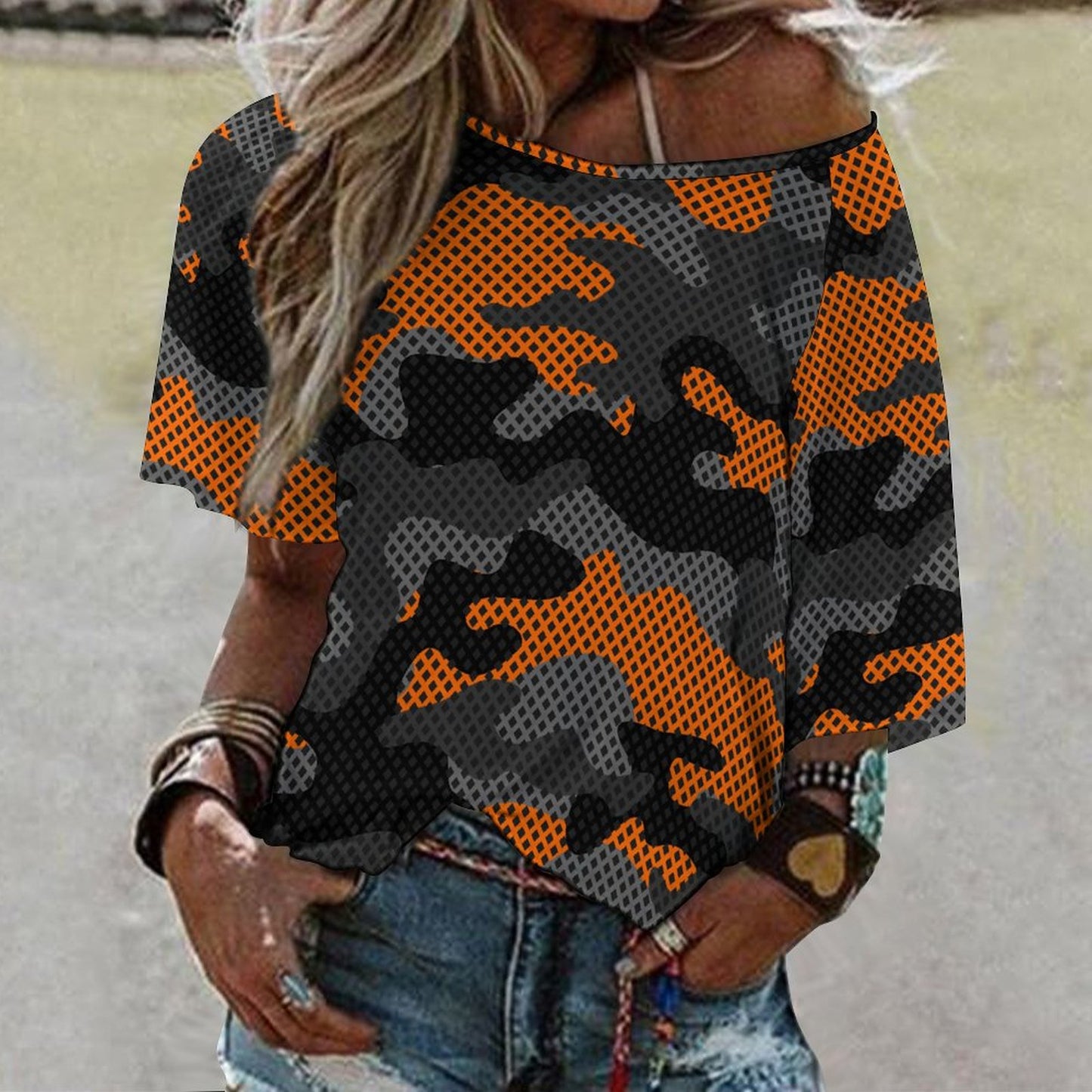 Off The Shoulder Top | Black & Orange Pixel Camo Shirt