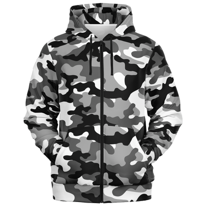 Zip-Up Hoodie | Gray, Black & White Camouflage