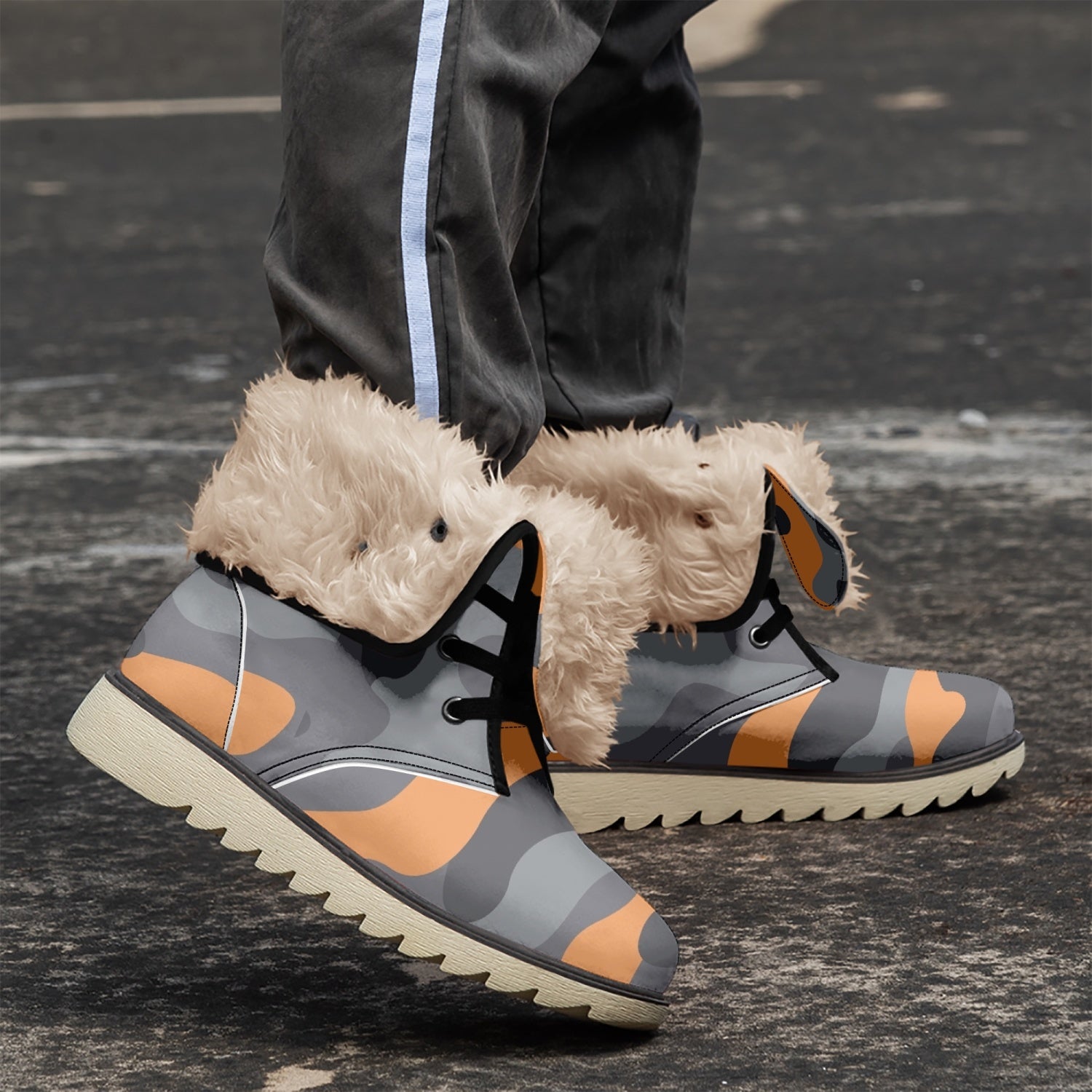 Camo Boots | Orange, Black & Gray Cotton-Pad Fur Lining