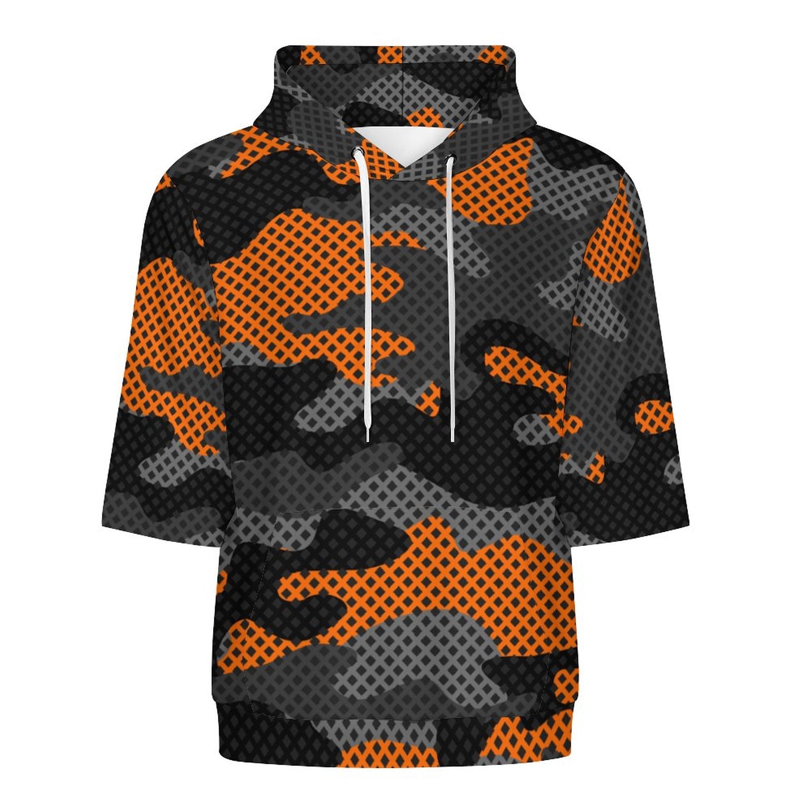 Short Sleeve Hoodie | Black & Orange Pixel Camouflage