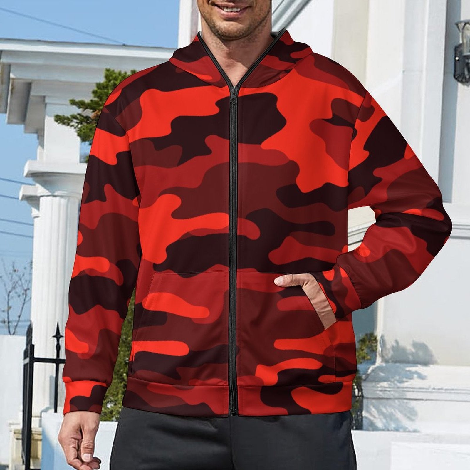 Zip up Camo Hoodie | Scarlet Red & Black Camouflage