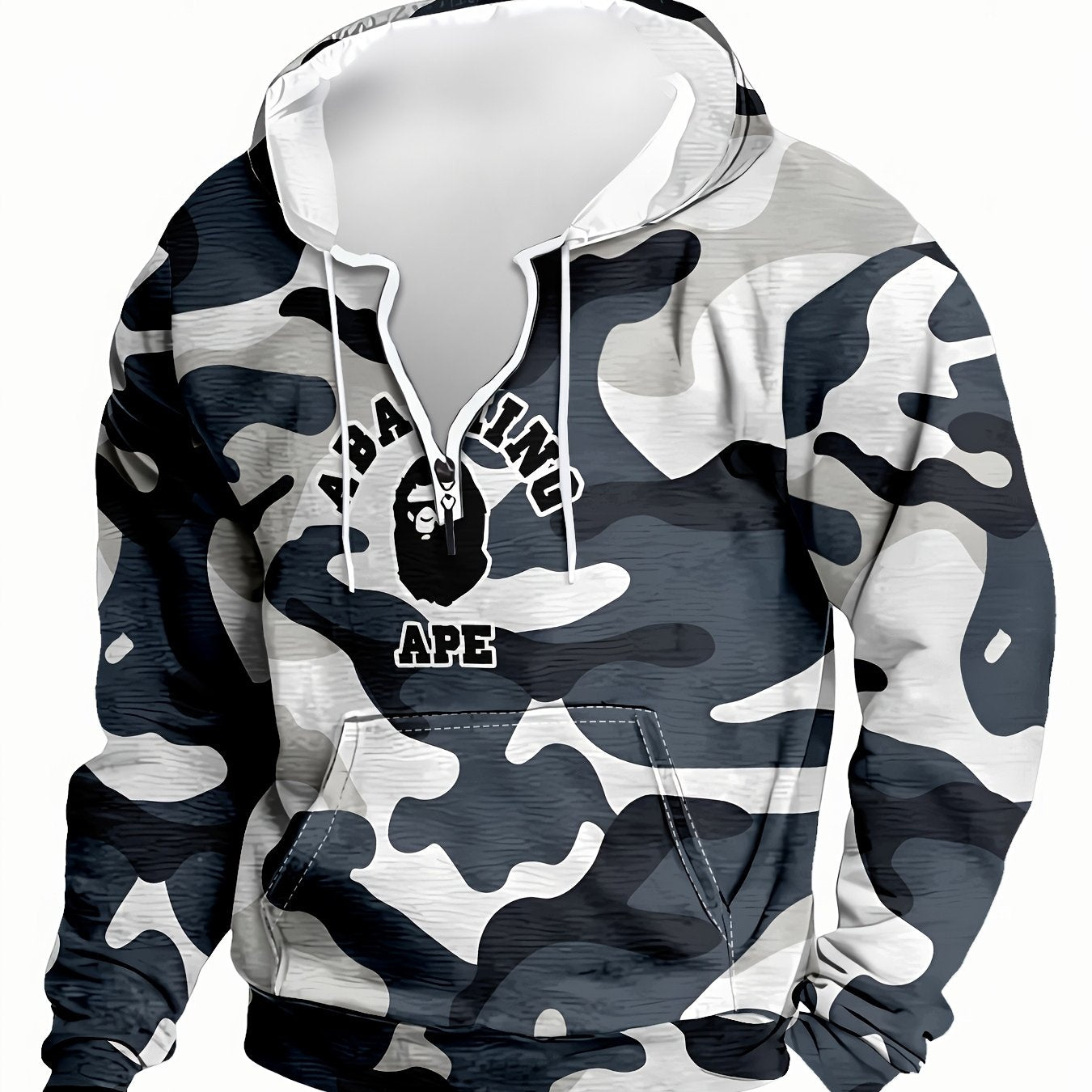 Gray Camo Hoodie with Zipper for Men | Casual Pullover Hooded Sweatshirt