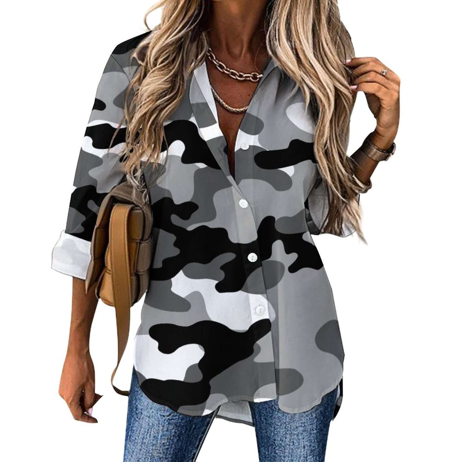 Women's Button-Up Camo Shirt | Black, White & Gray