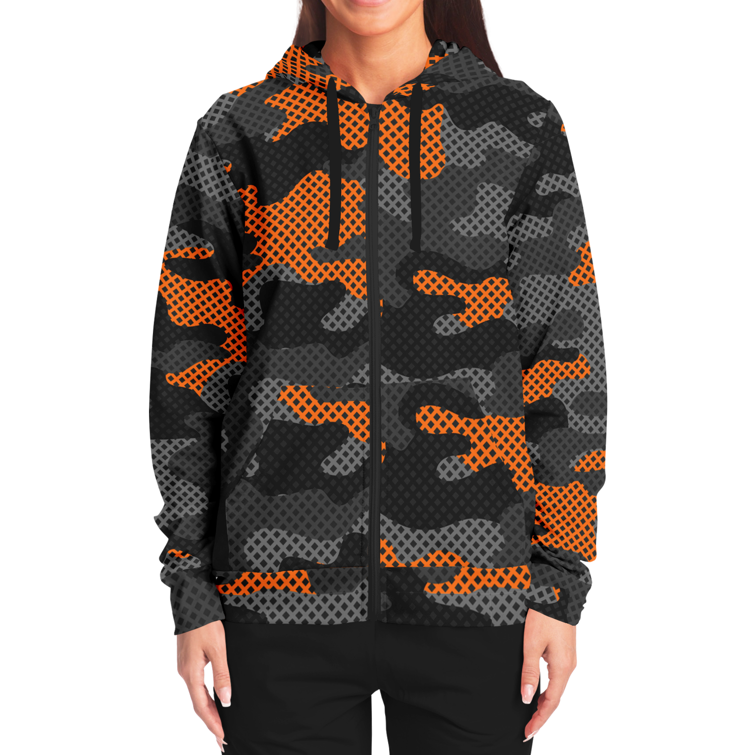 Zip-Up Hoodie | Orange & Black Pixel Camouflage