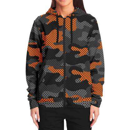 Zip-Up Hoodie | Orange & Black Pixel Camouflage