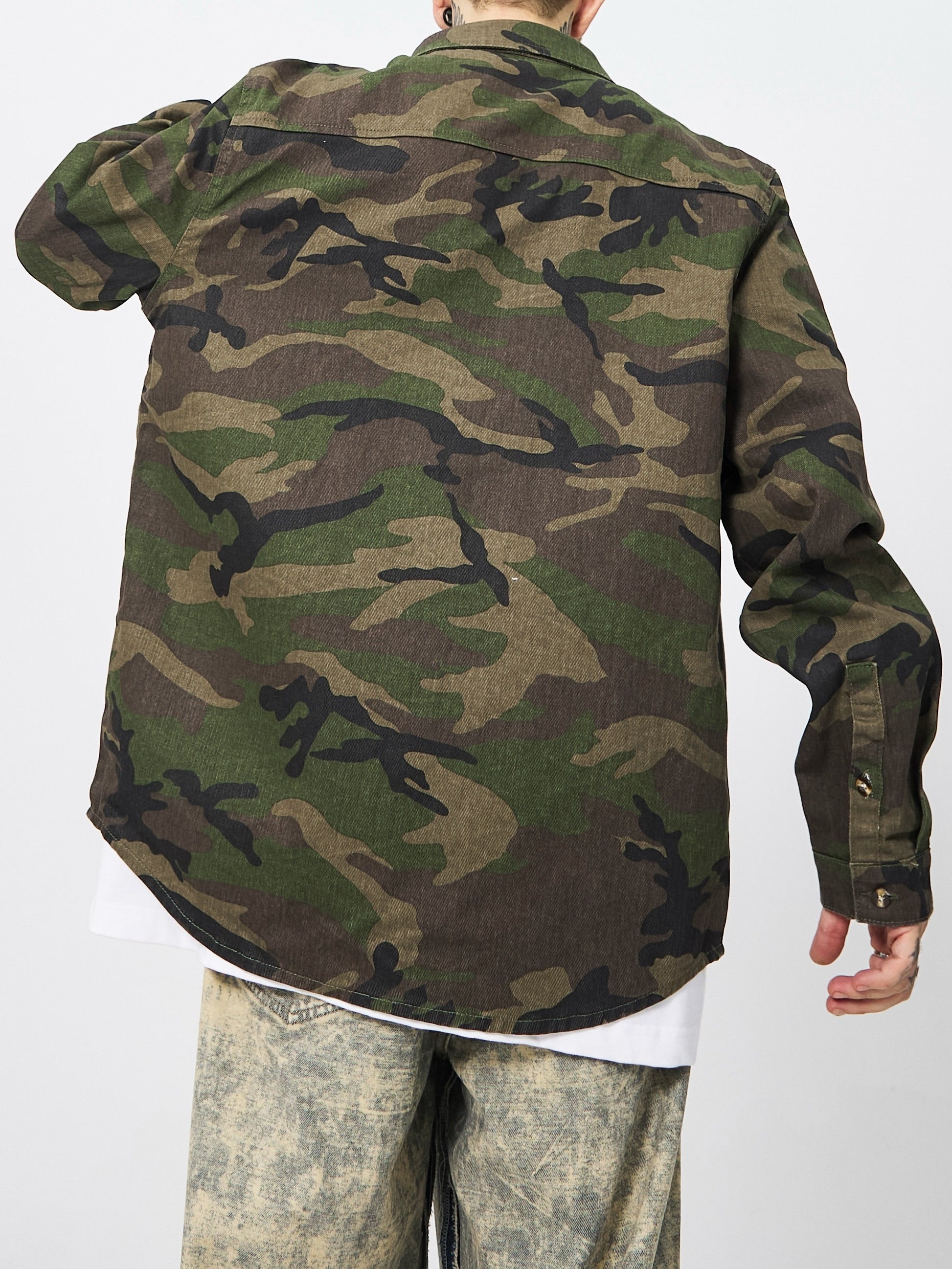 Men's Green Camo Denim Shirt | Long Sleeve Button Up Shirt