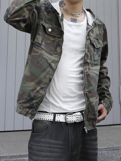 Men's Camo Denim Jacket: Hooded, Zip-Up, Regular Fit with Pockets