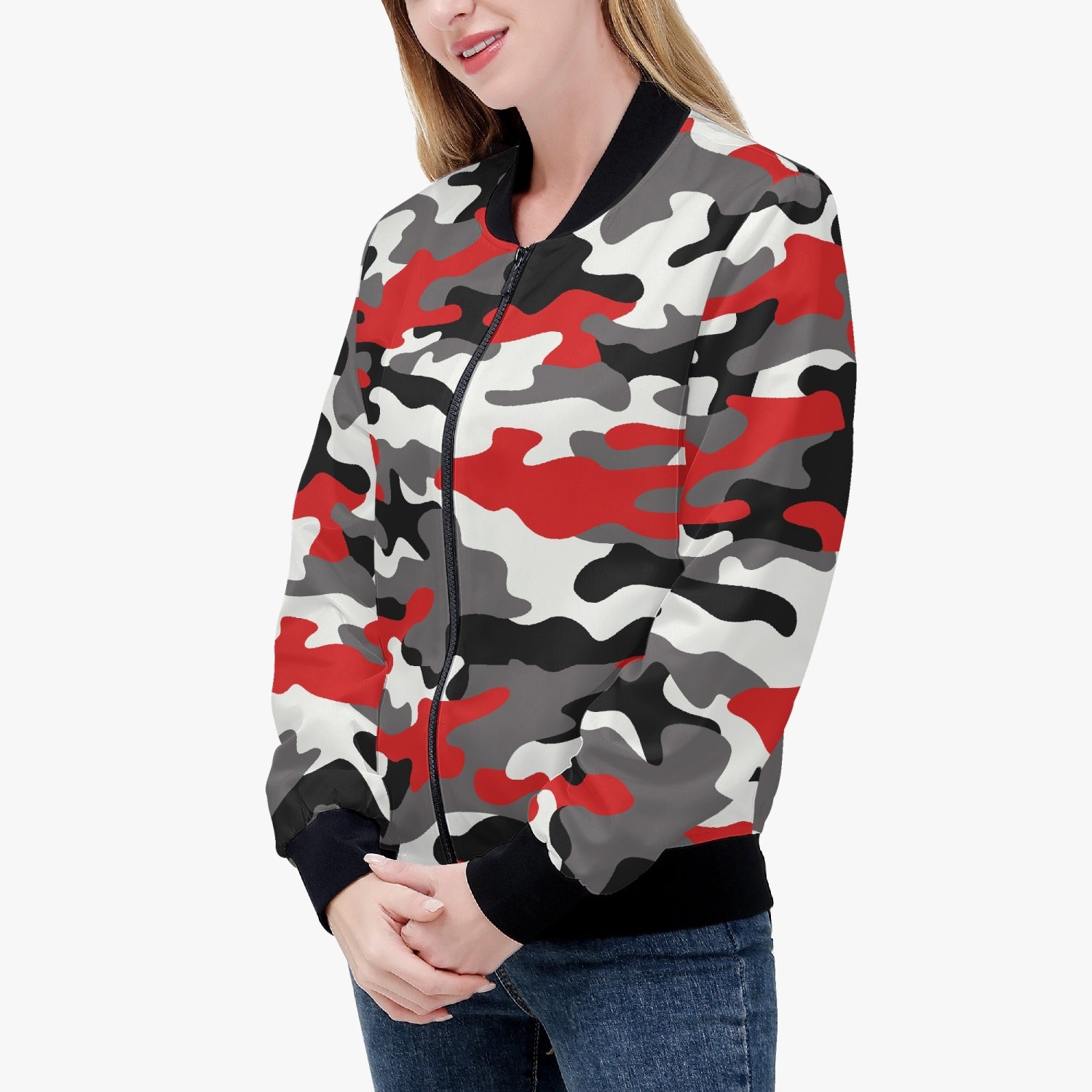 Women's Camo Bomber Jacket | Red, Black, and White