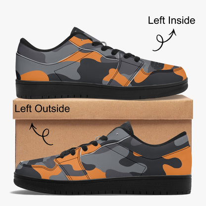 Camo Sneakers | Orange-Black Low-Top Leather Camouflage Shoes