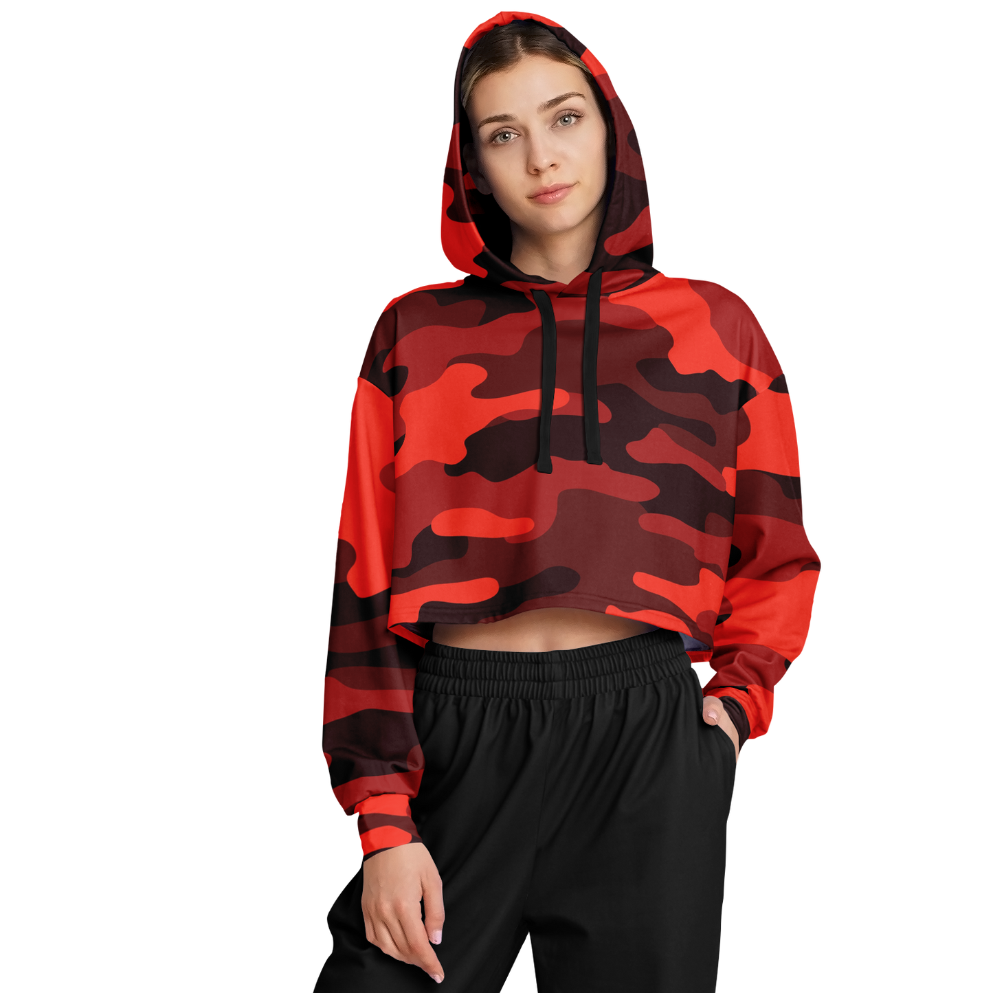 Cropped Hoodie For Women | Scarlet Red & Black Camouflage