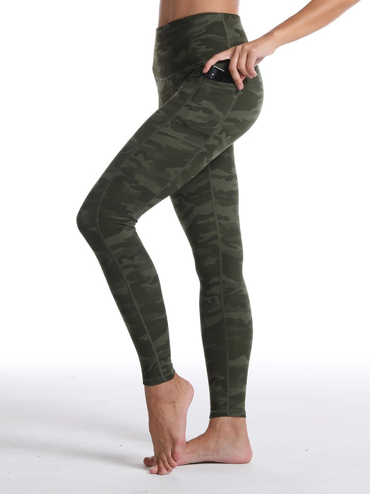 Stretchy Camo Print High Waist Pocket Leggings with Breathable Sweat Absorption & Ankle Length