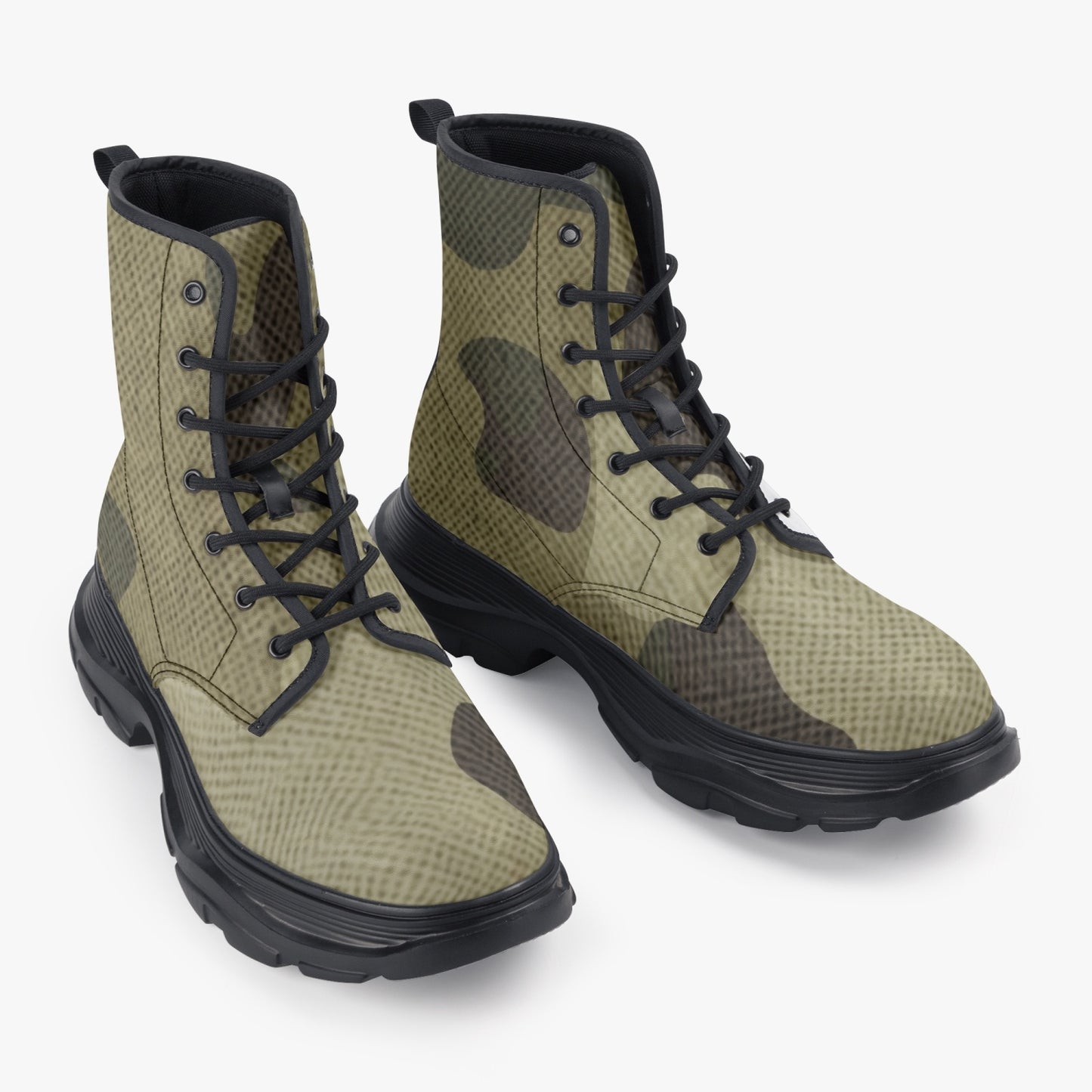 Chunky Boots | Leather in Green Fabric Camouflage