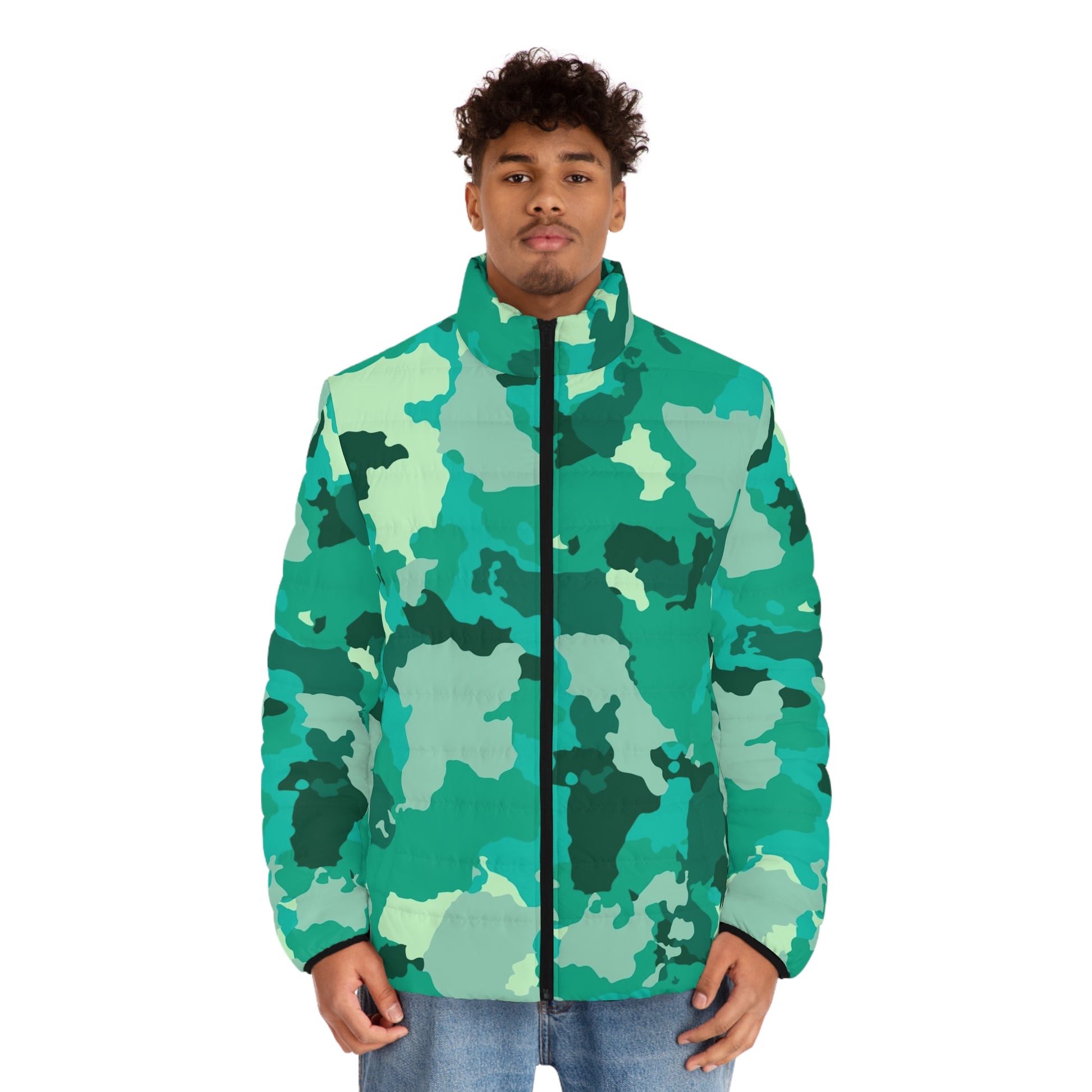 Cyan Green Camo Puffer Jacket For Men | Military Camouflage