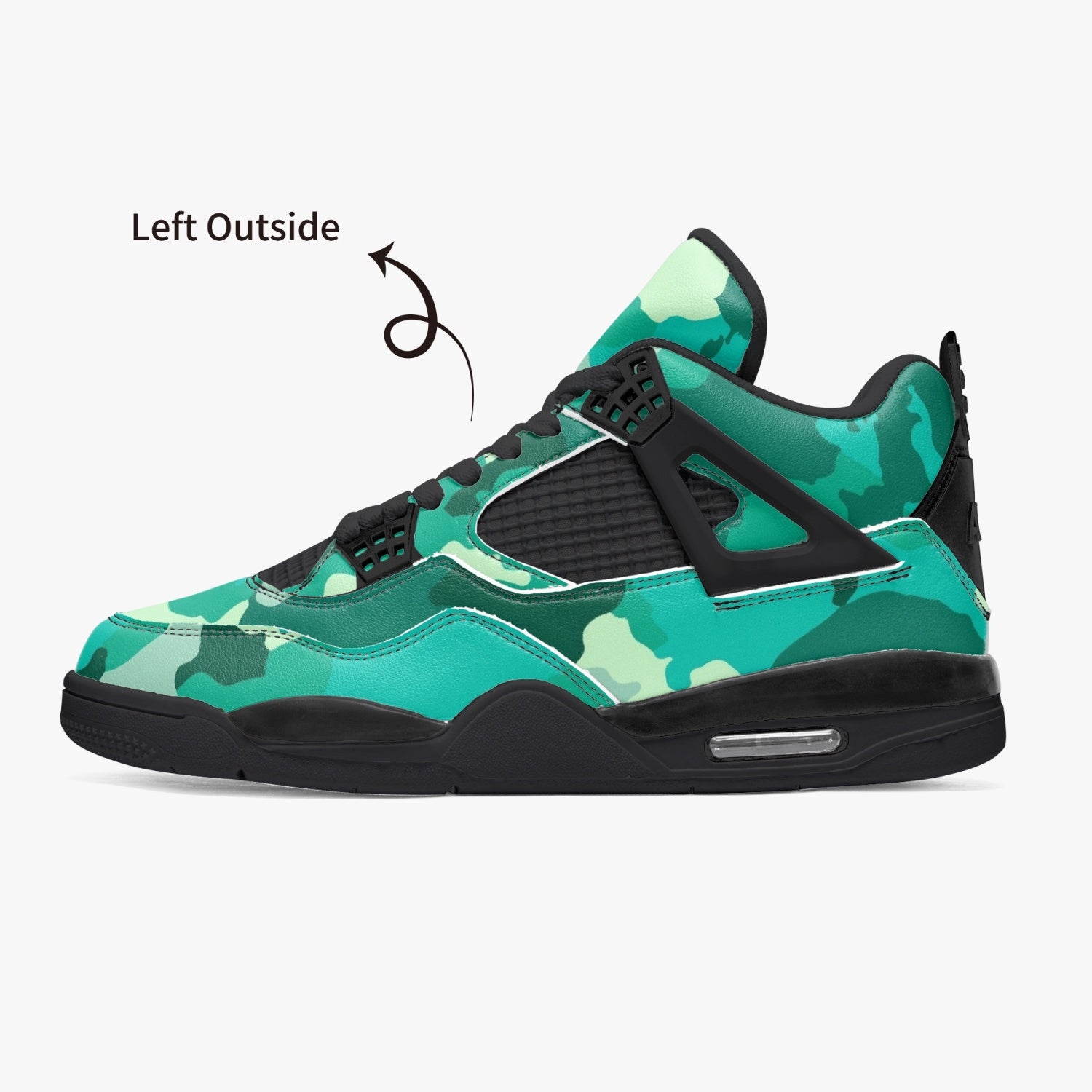 Camo Jordans AJ4 | Cyan Green Camouflage | Black Sole