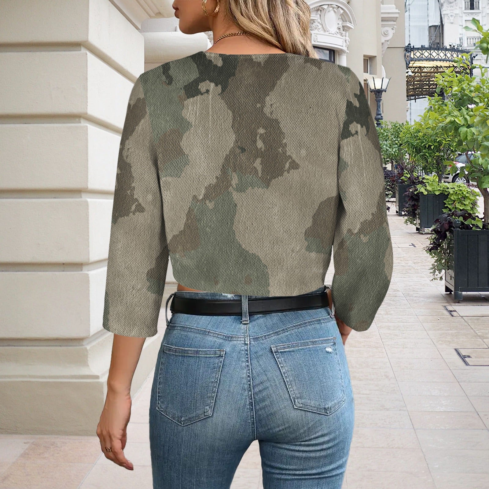 Camo Blazer | Cropped Open Front | Dirty Brown Camouflage