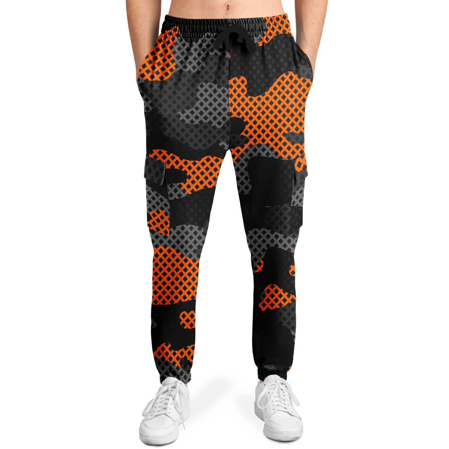 Camo Cargo Pants | Unisex | Black & Orange Pixel Camouflage