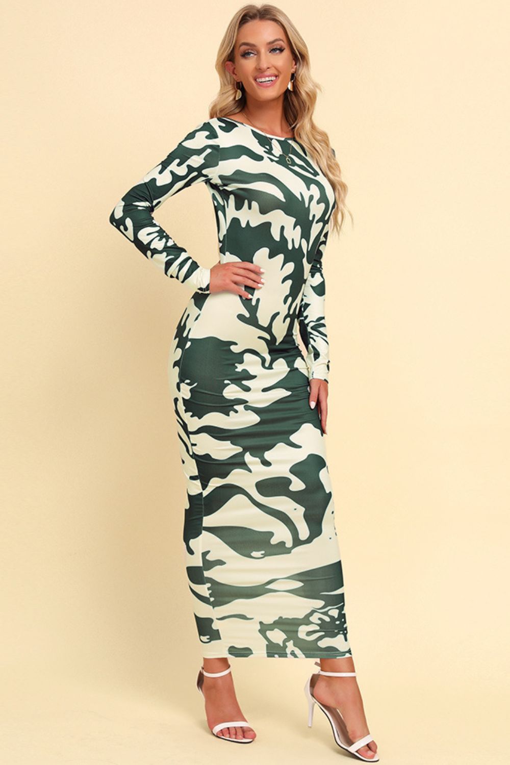 Printed Backless Long Sleeve Maxi Camo Dress