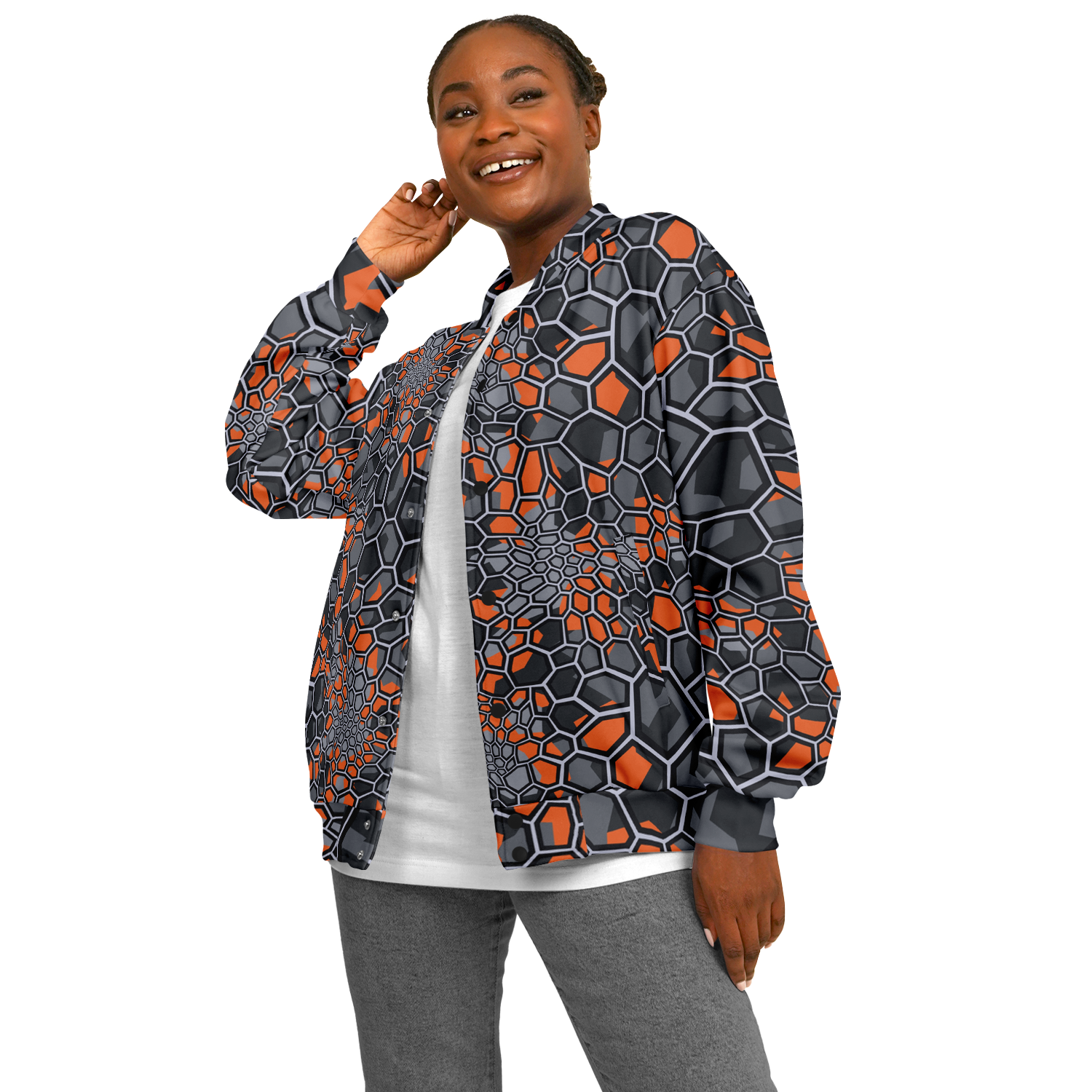 Baseball Jacket | Geometric Camo in Orange, Gray & Black