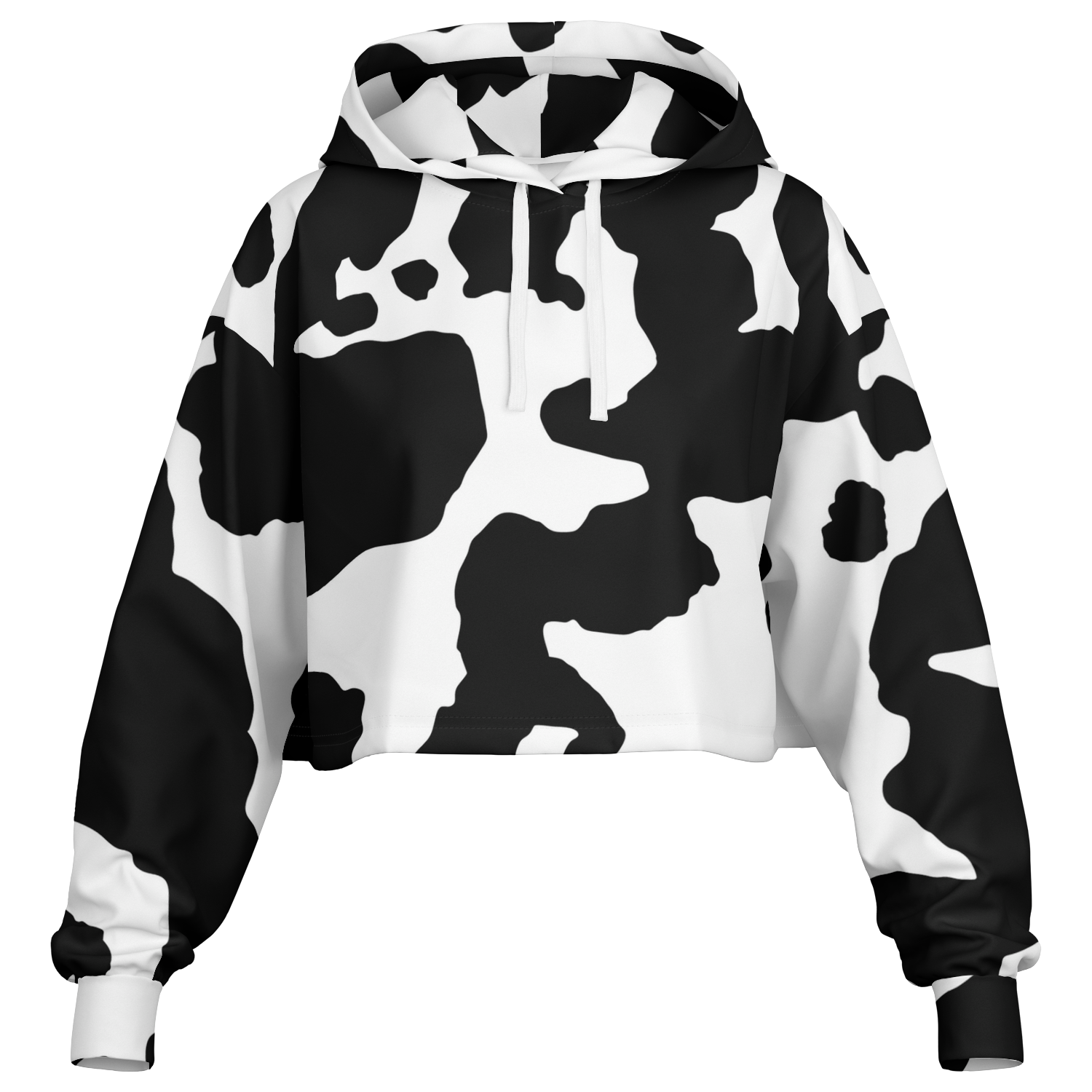 Cropped Hoodie For Women | Black & White Cow Camouflage