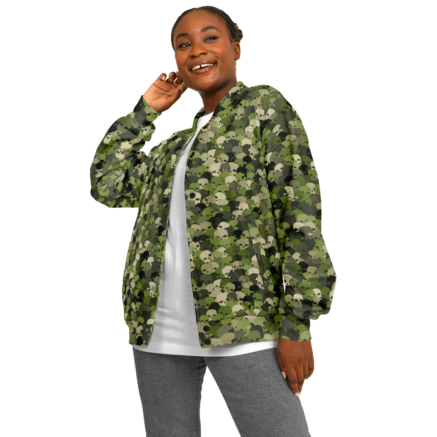 Baseball Jacket in Green, Olive, & Beige Skulls Camo Print