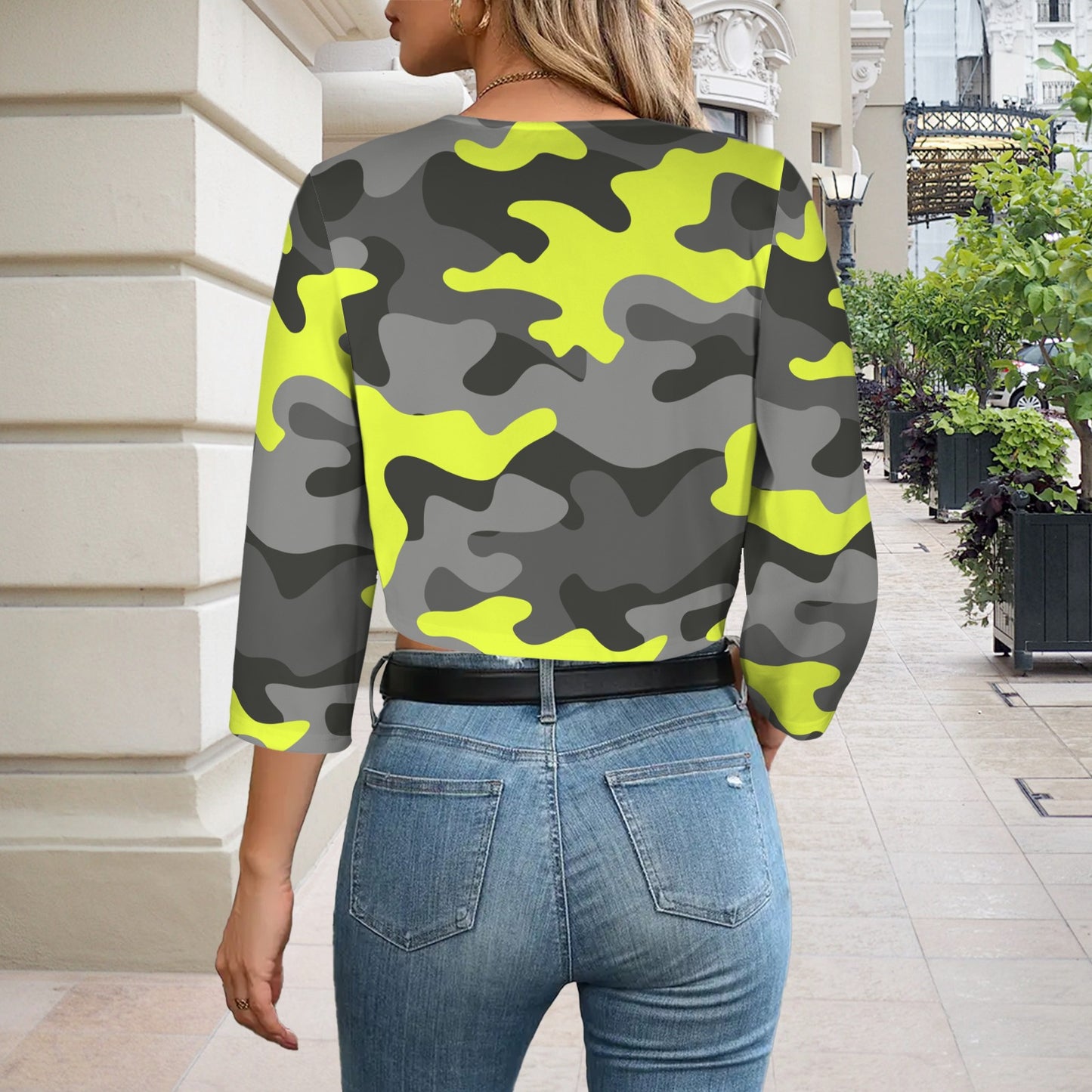 Camo Blazer | Cropped Open Front | Yellow, Black and Gray