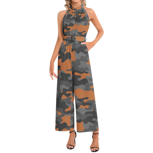 Camo Jumpsuit | Belted Halter Neck | Black and Orange Pixel