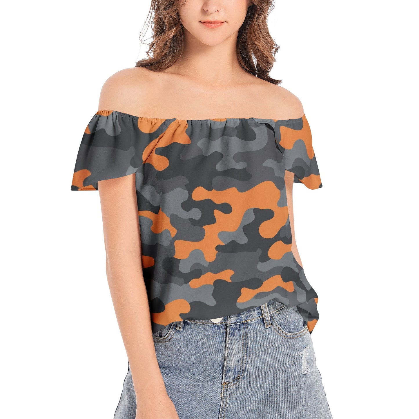 Off The Shoulder Camo Top | Orange, Black and Gray Camouflage