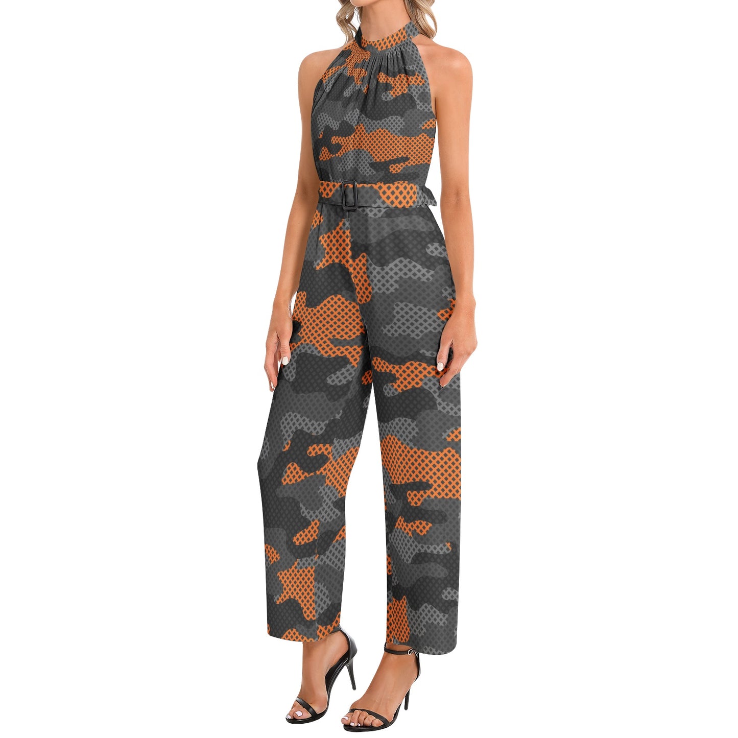 Camo Jumpsuit | Belted Halter Neck | Black and Orange Pixel