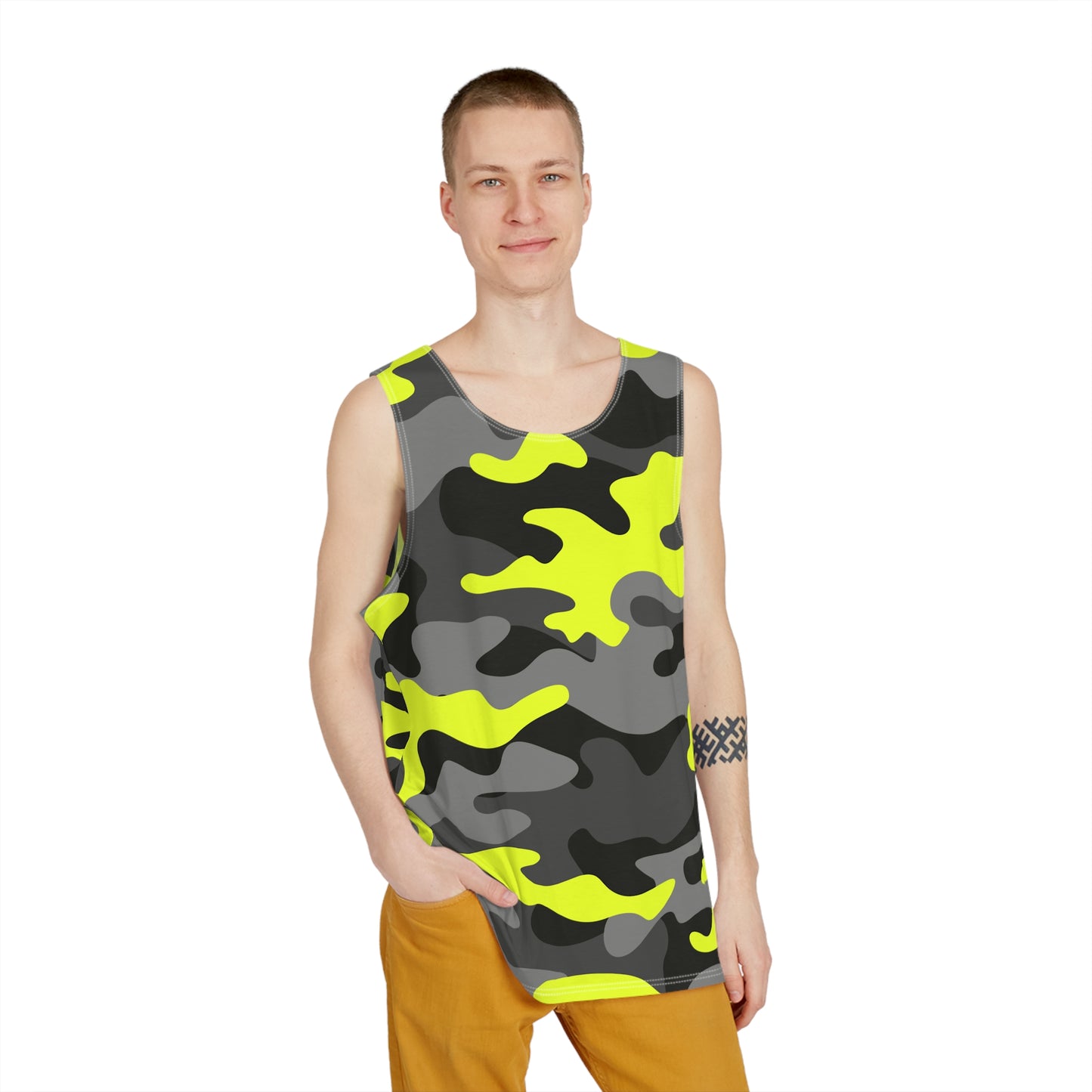 Men's Camo Tank Top | Yellow, Black, and Gray | Loose Fit