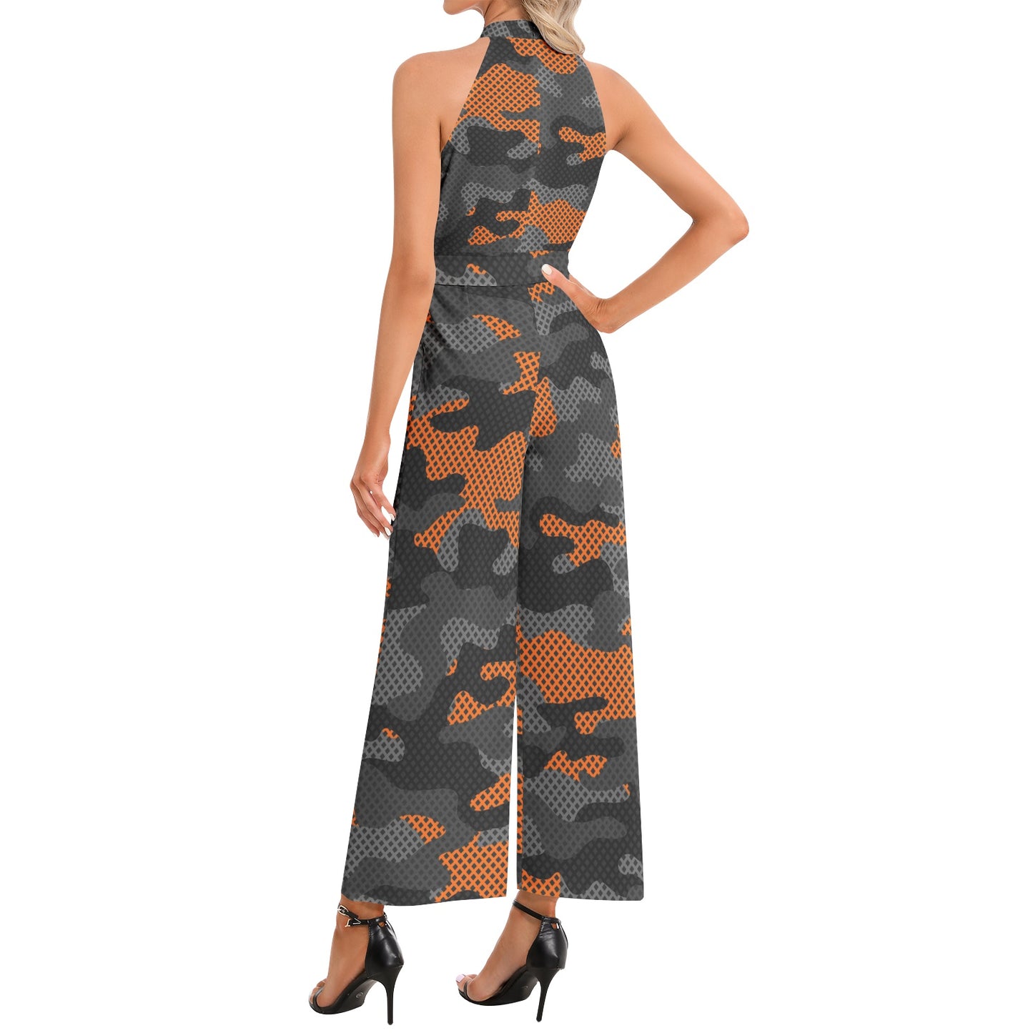 Camo Jumpsuit | Belted Halter Neck | Black and Orange Pixel