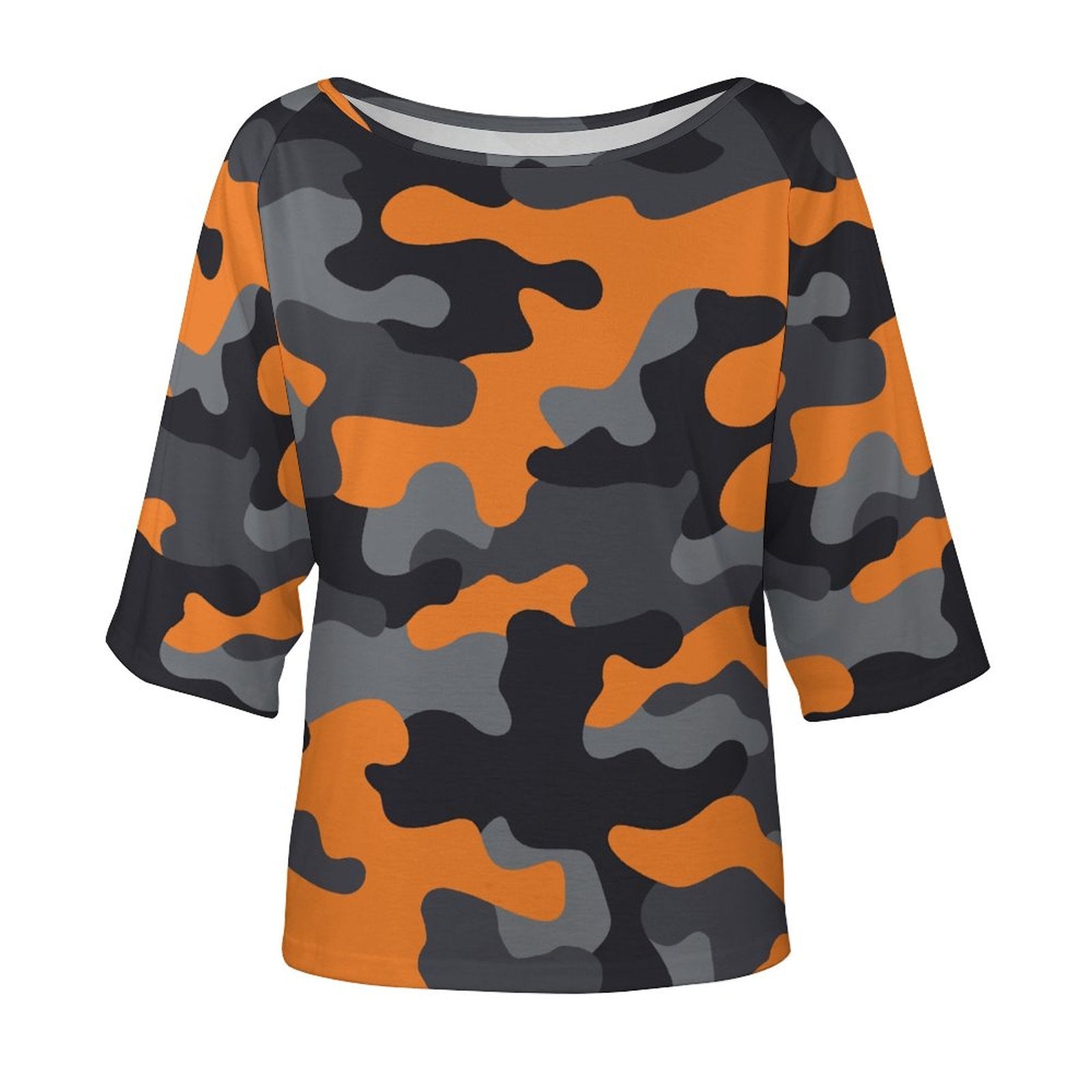 Off The Shoulder Top | Orange, Gray & Black Camo Shirt