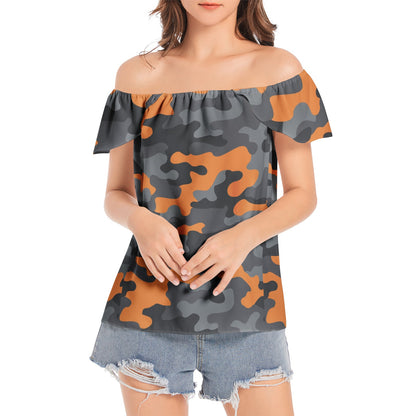 Off The Shoulder Camo Top | Orange, Black and Gray Camouflage