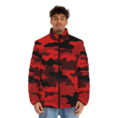 Red Camo Puffer Jacket For Men | Pixel Camouflage