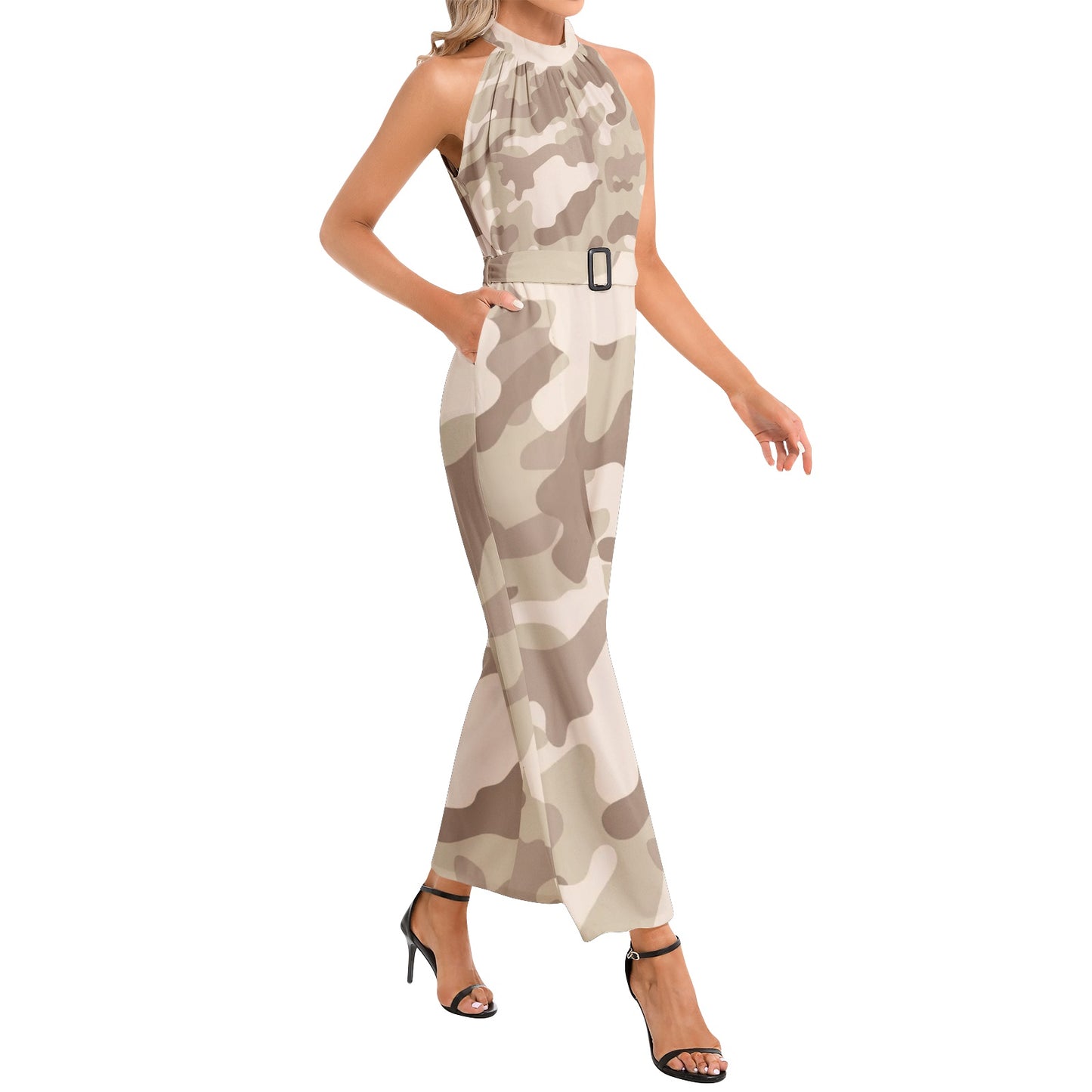 Camo Jumpsuit | Belted Halter Neck | Desert Brown