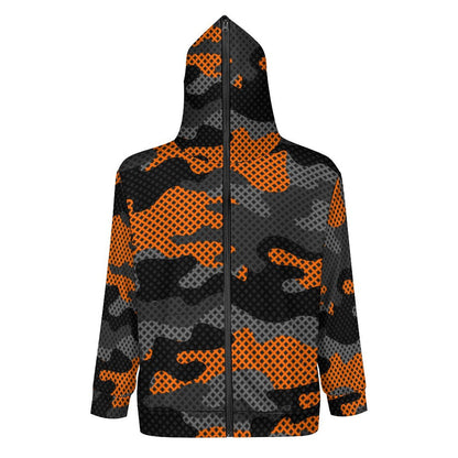 Zip up Camo Hoodie | Black & Orange Pixel Camouflage