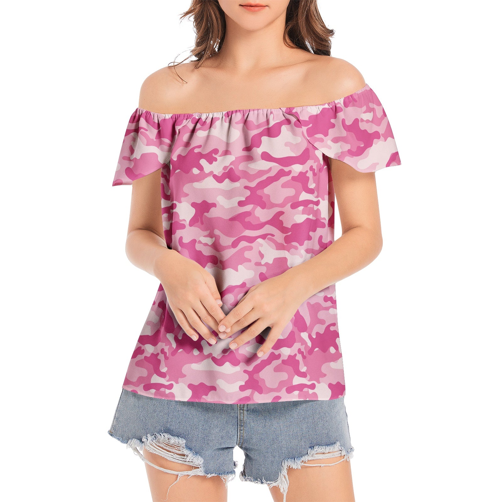 Off The Shoulder Camo Top | Lavender PInk Camouflage