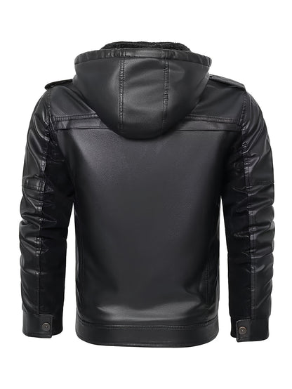 Faux Leather Hooded Jacket | Men's Zippered Motorcycle Coat