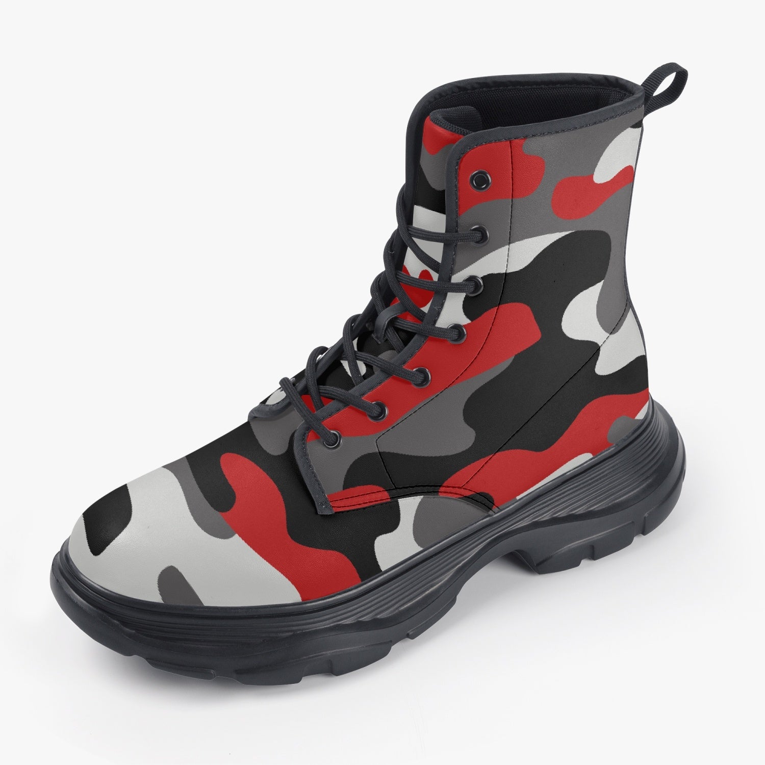 Chunky Boots | Leather in Red, Black, & White Camouflage