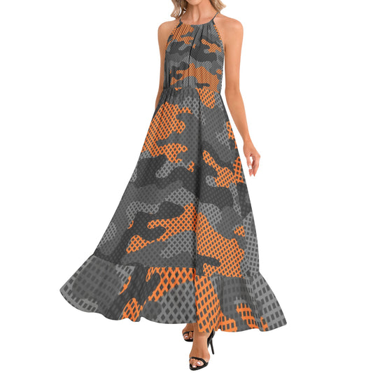 Camo Maxi Dress | Black and Orange Pixel Camouflage | Ruffle Hem