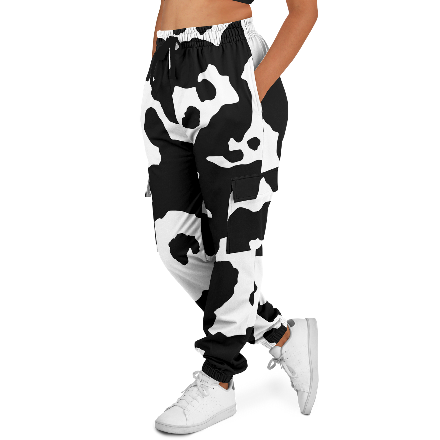 Camo Cargo Pants | Unisex | Black & White Cow Camouflage